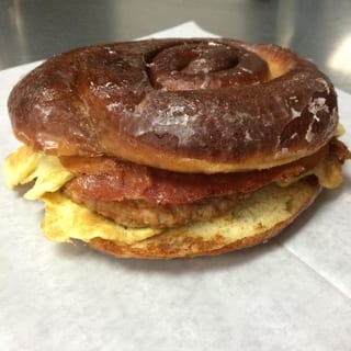 Cinnamon Roll Sandwich: Bacon, Egg, Sausage, & Cheese